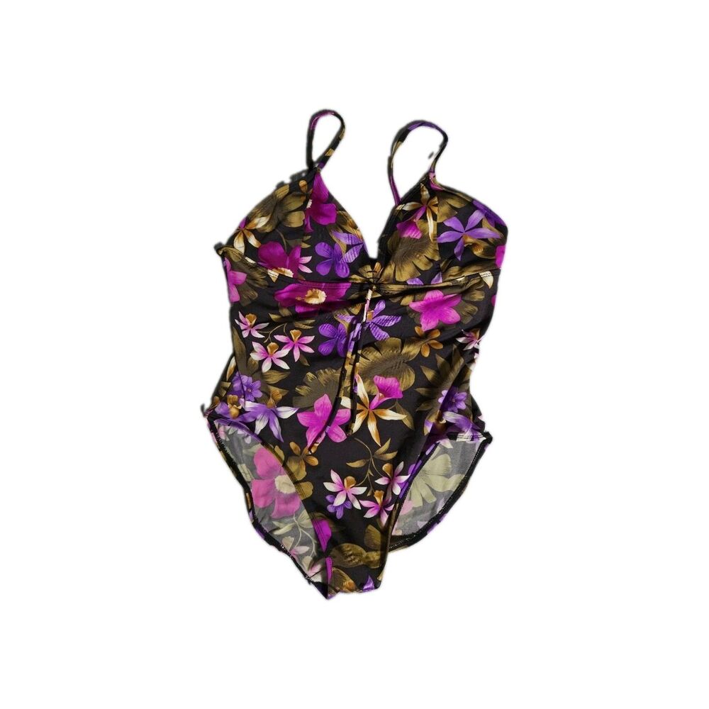 Vintage Beach Cabana Black Floral One Piece Swimsuit Ruched Tie Front Large EUC